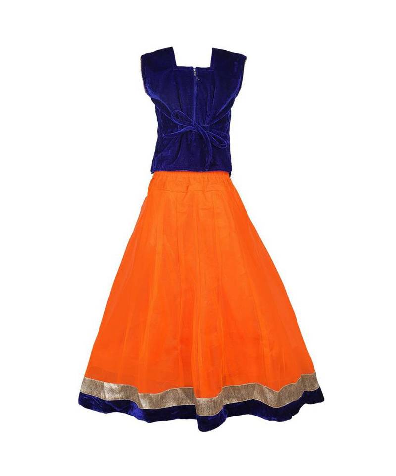 Orange Embroidered Net Stitched Kids Lehenga Choli