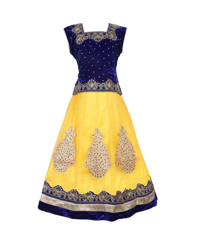 Yellow Embroidered Net Stitched Kids Lehenga Choli