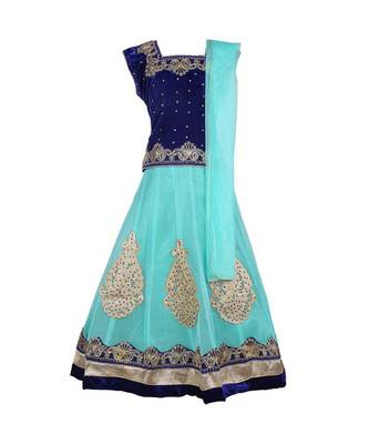 Turquoise Embroidered Net Stitched Kids Lehenga Choli 1