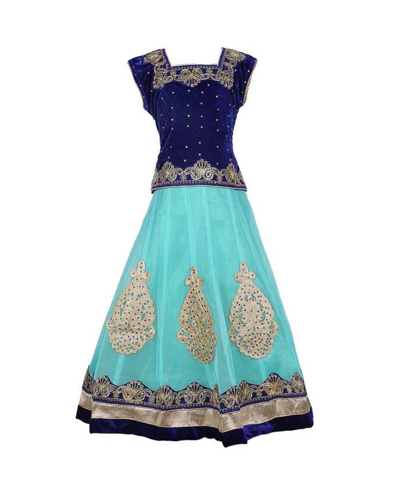 Turquoise Embroidered Net Stitched Kids Lehenga Choli