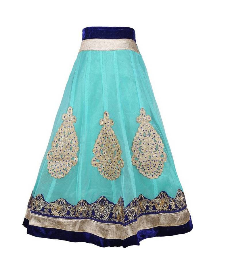 Turquoise Embroidered Net Stitched Kids Lehenga Choli
