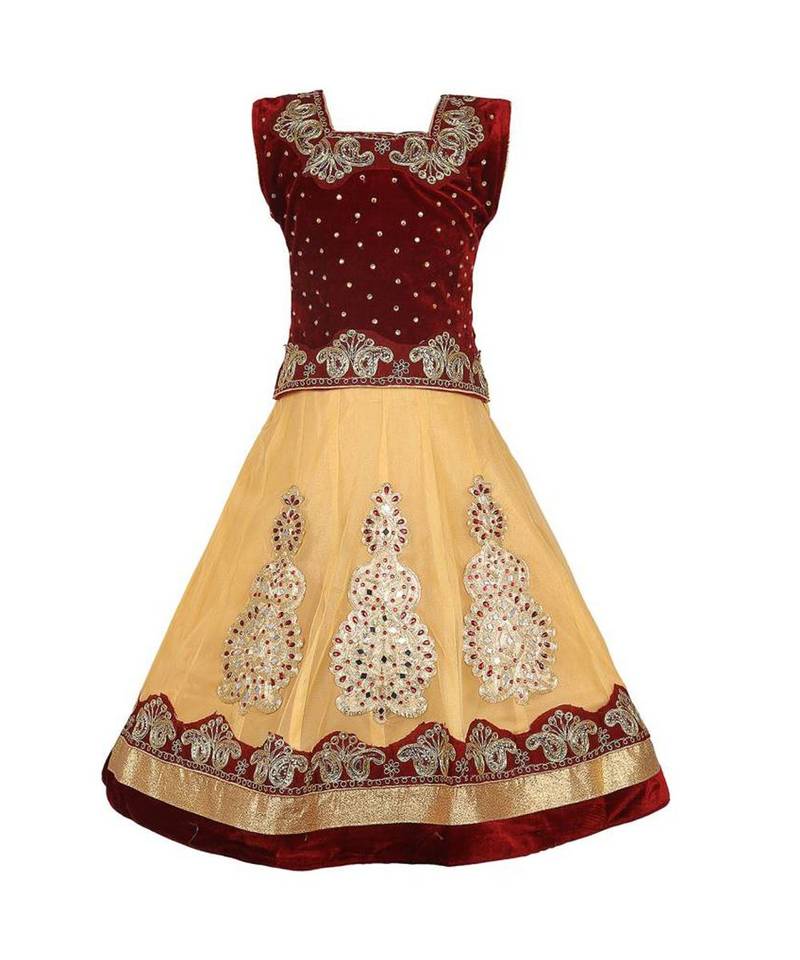 Beige Embroidered Net Stitched Kids Lehenga Choli