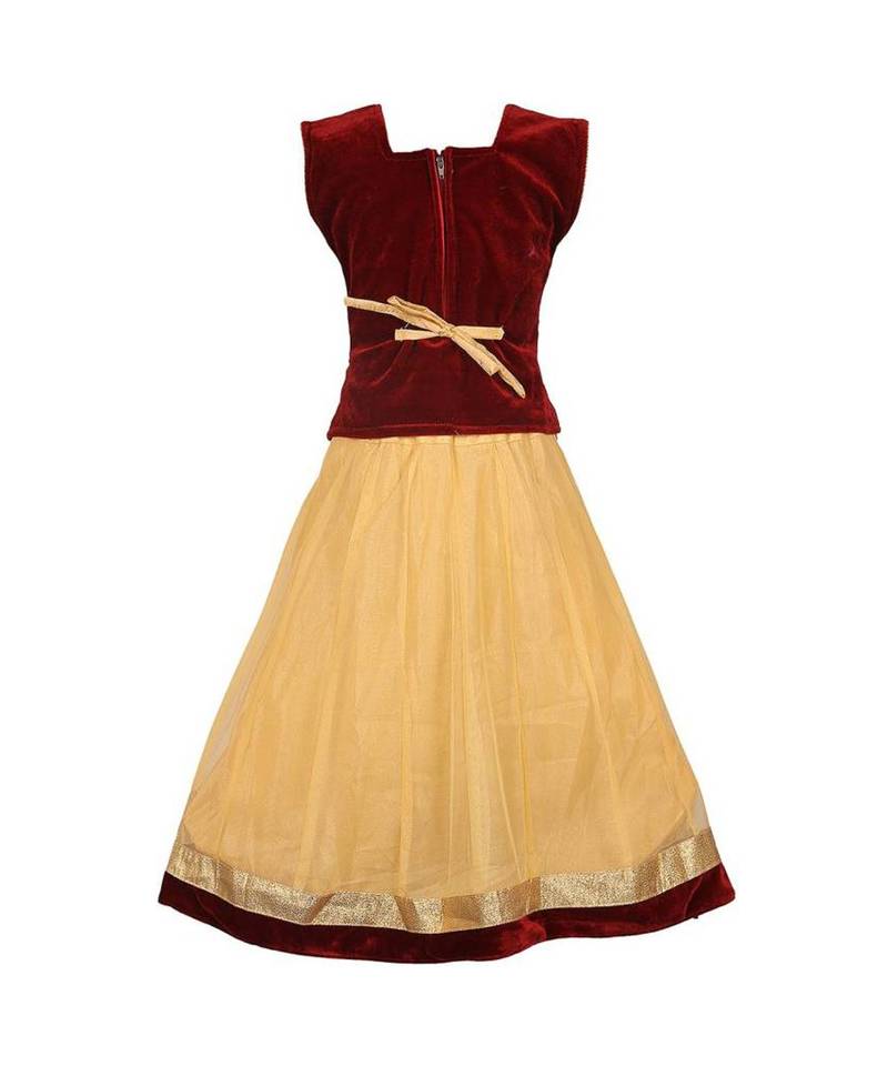 Beige Embroidered Net Stitched Kids Lehenga Choli