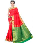 Red woven Banarasi Saree with blouse