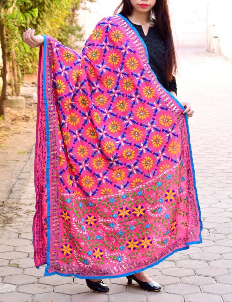 Pink Phulkari Dupatta On Cotton Fabric