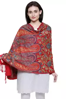Red and multicoloured Viscose Rayon Floral and Paisley Heavy Embroidered Shawl
