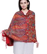 Red and multicoloured Viscose Rayon Floral and Paisley Heavy Embroidered Shawl