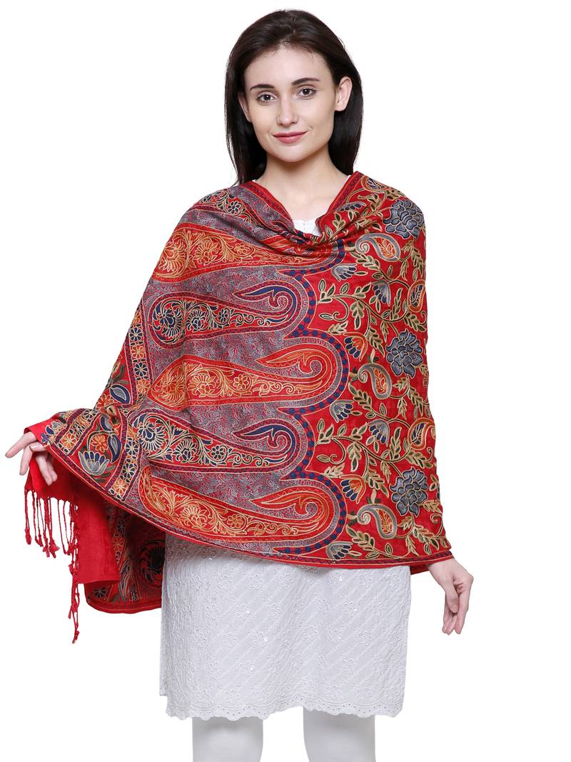 Red and multicoloured Viscose Rayon Floral and Paisley Heavy Embroidered Shawl
