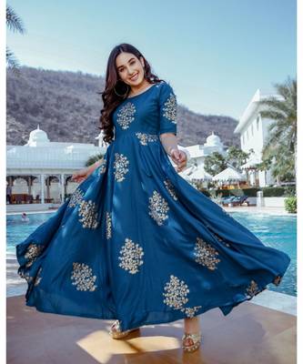 Teal Peony Handblock Dress 1