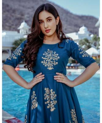 Teal Peony Handblock Dress 4