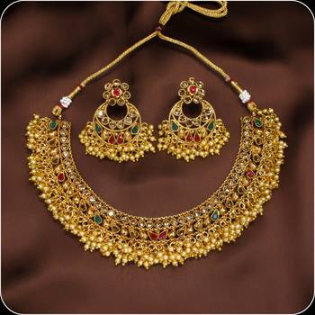 Designer Copper Multicolour Stone Pearl Bandhani Necklace Set 1