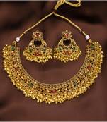 Designer Copper Multicolour Stone Pearl Bandhani Necklace Set