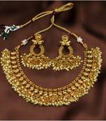 Designer Copper Golden Stone Pearl Bandhani Necklace Set