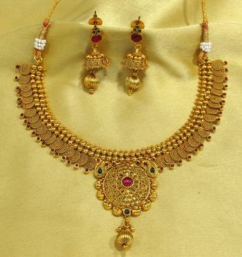 Beautiful Copper Gold Plated Kempu Green Jalebi Necklace Set 1