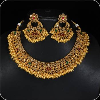 Designer Copper Multicolour Stone Pearl Bandhani Necklace Set 2