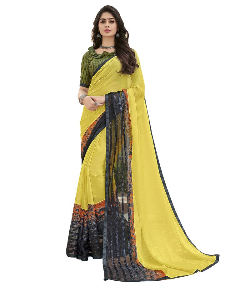 Yellow Printed chiffon saree with blouse