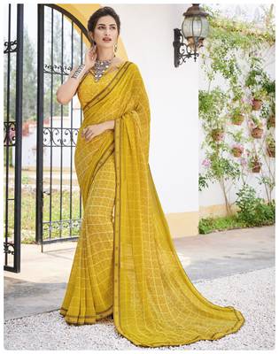 Yellow printed georgette saree with blouse 1