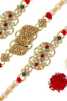 Multi Color Combo Of 3 Pieces Kundan Rakhi