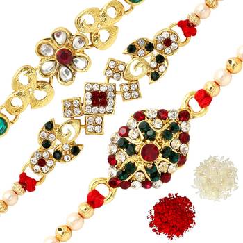 Maroon & Green Color Combo Of 3 Pieces Kundan Rakhi 1