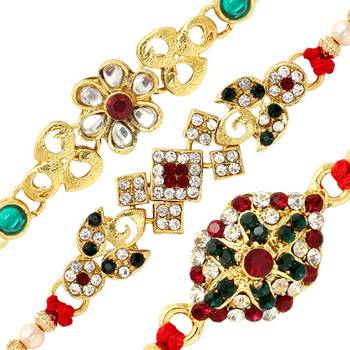 Maroon & Green Color Combo Of 3 Pieces Kundan Rakhi 2