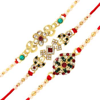 Maroon & Green Color Combo Of 3 Pieces Kundan Rakhi 3
