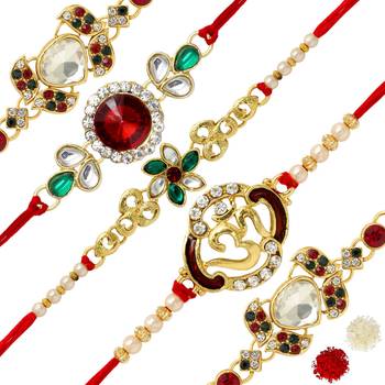 Maroon & Green Color Combo Of 5 Pieces Kundan Rakhi 1