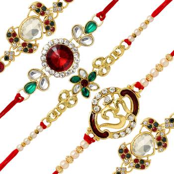 Maroon & Green Color Combo Of 5 Pieces Kundan Rakhi 2