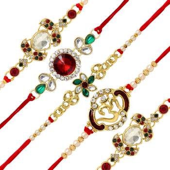 Maroon & Green Color Combo Of 5 Pieces Kundan Rakhi 3