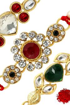 Maroon & Green Color Combo Of 3 Pieces Kundan Rakhi