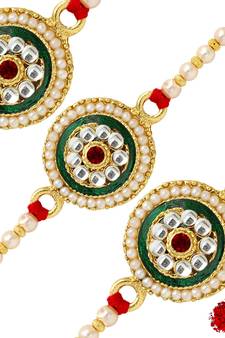 Maroon & Green Color Combo Of 3 Pieces Kundan Rakhi