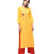 Yellow embroidered cotton kurtas-and-kurtis