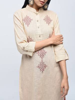 Beige embroidered cotton kurtas-and-kurtis 3