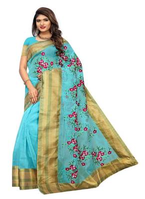 sky-blue embroidred net saree with blouse 1