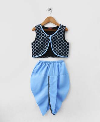 Blue printed polyester boys kurta pyjama 1