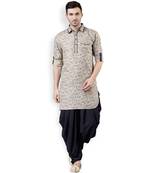Svanik Khaki and Black Printed Blended Straight Pathani Kurta