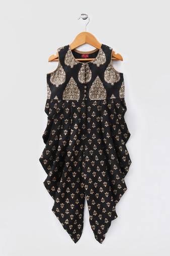 Black printed polyester kids jumpsuit