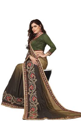 Mehendi Embroidered Silk Blend Saree With Blouse 2