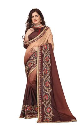 Beige Embroidered Silk Blend Saree With Blouse 1