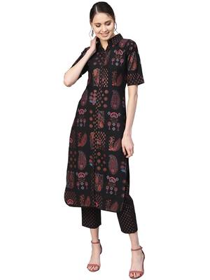 Black printed crepe party wea kurta with pant 1