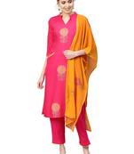 Magenta printed viscose rayon party wear kurta with pant and dupatta