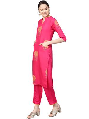 Magenta printed viscose rayon party wear kurta with pant and dupatta 5