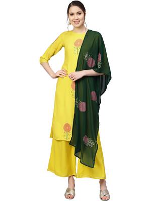 Yellow printed viscose rayon party wear kurta with palazzo and dupatta 1