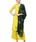 Yellow printed viscose rayon party wear kurta with palazzo and dupatta