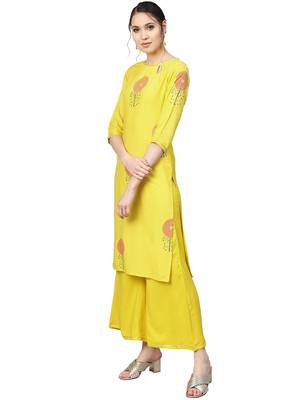 Yellow printed viscose rayon party wear kurta with palazzo and dupatta 5
