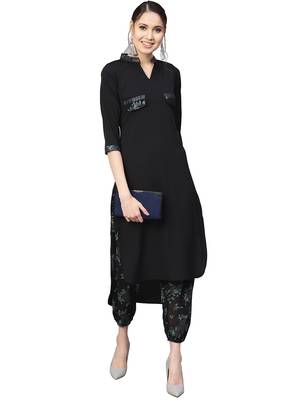 Black printed crepe party wear kurta with pant 1