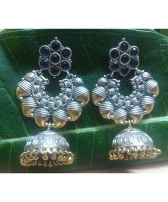 Oxidised Silver Plated Blue Colour Stones Jhumkas 1