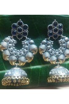 Oxidised Silver Plated Blue Colour Stones Jhumkas