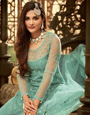 Light Green Sea Green Exclusive Designer Net Anarkali Suit  2