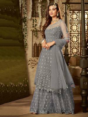 Light Grey Designer Heavy Embroidered Anarkali Suit 1
