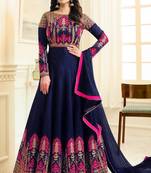 blue embroidered silk blend anarakali with dupatta